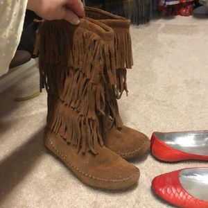 Brown fringe boots